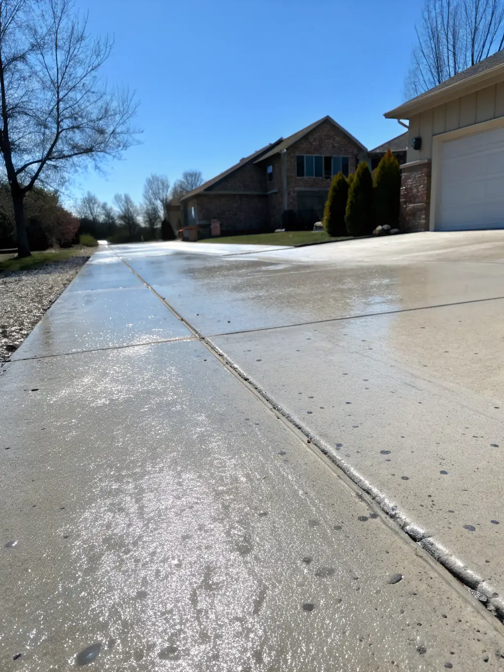 A clean, recently power-washed driveway in Miami, Florida, showcasing the effectiveness of The Foam Theory's driveway cleaning service, with clear lines and no visible stains.