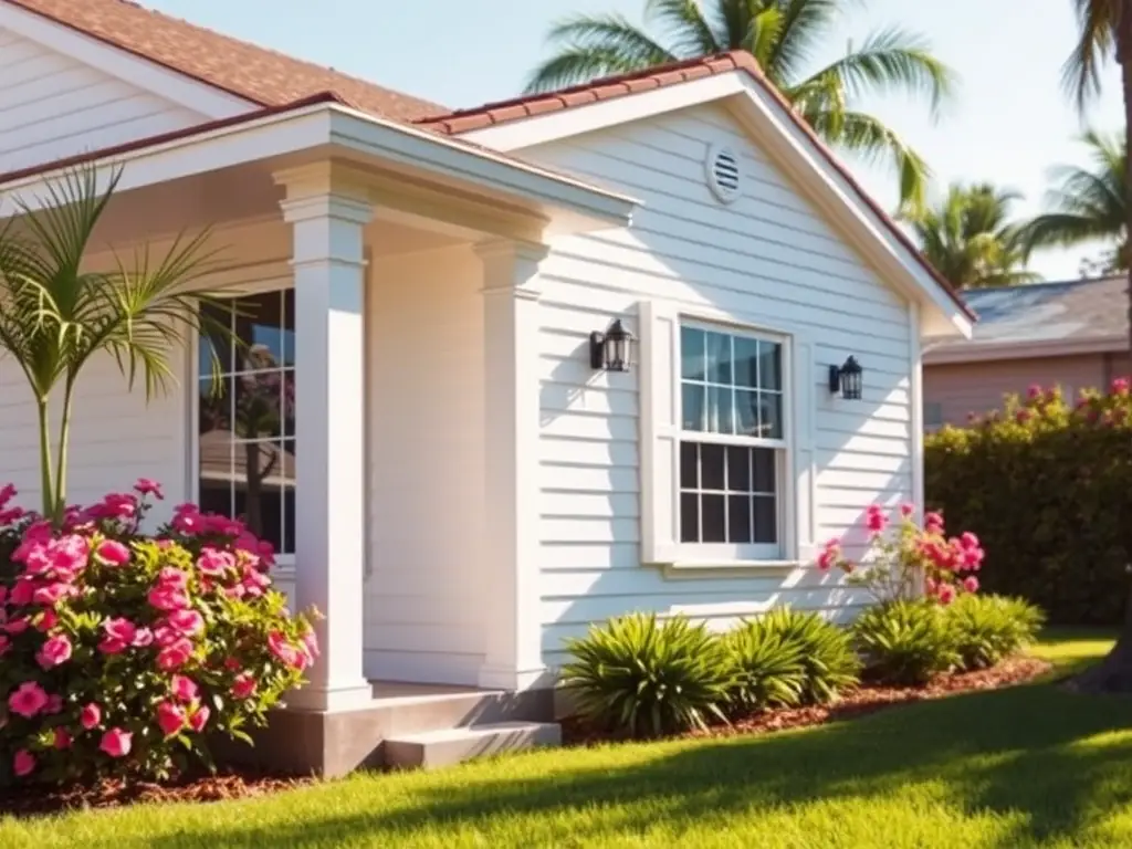 A clean, bright house exterior in Miami, Florida, after a soft washing service by The Foam Theory, showing clean siding and windows.
