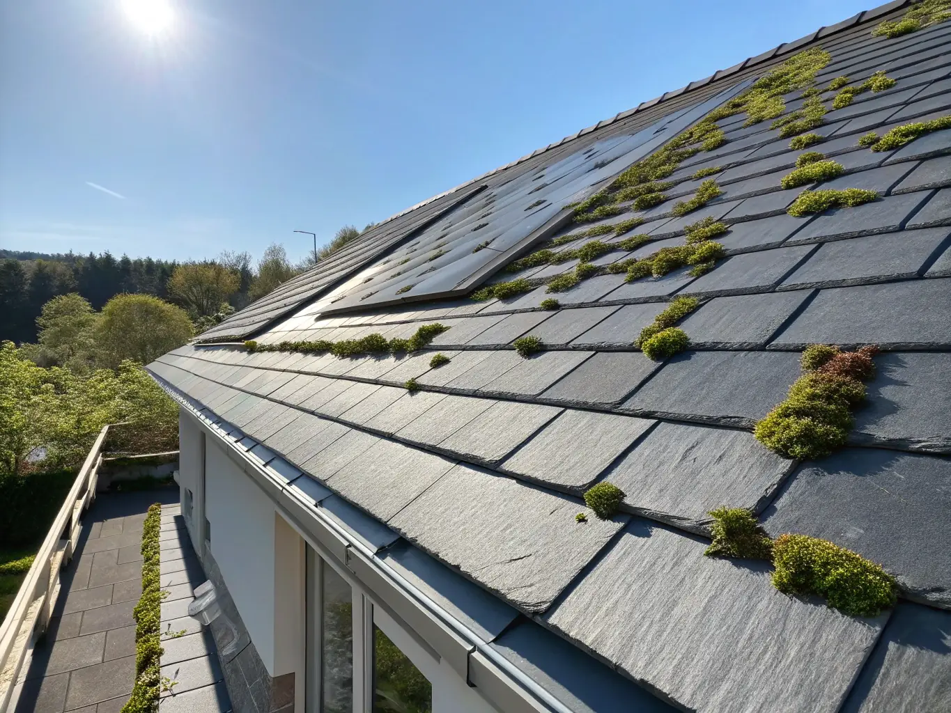 A clean, algae-free roof in Miami, Florida, after a roof washing service by The Foam Theory, with vibrant shingles and no visible debris.