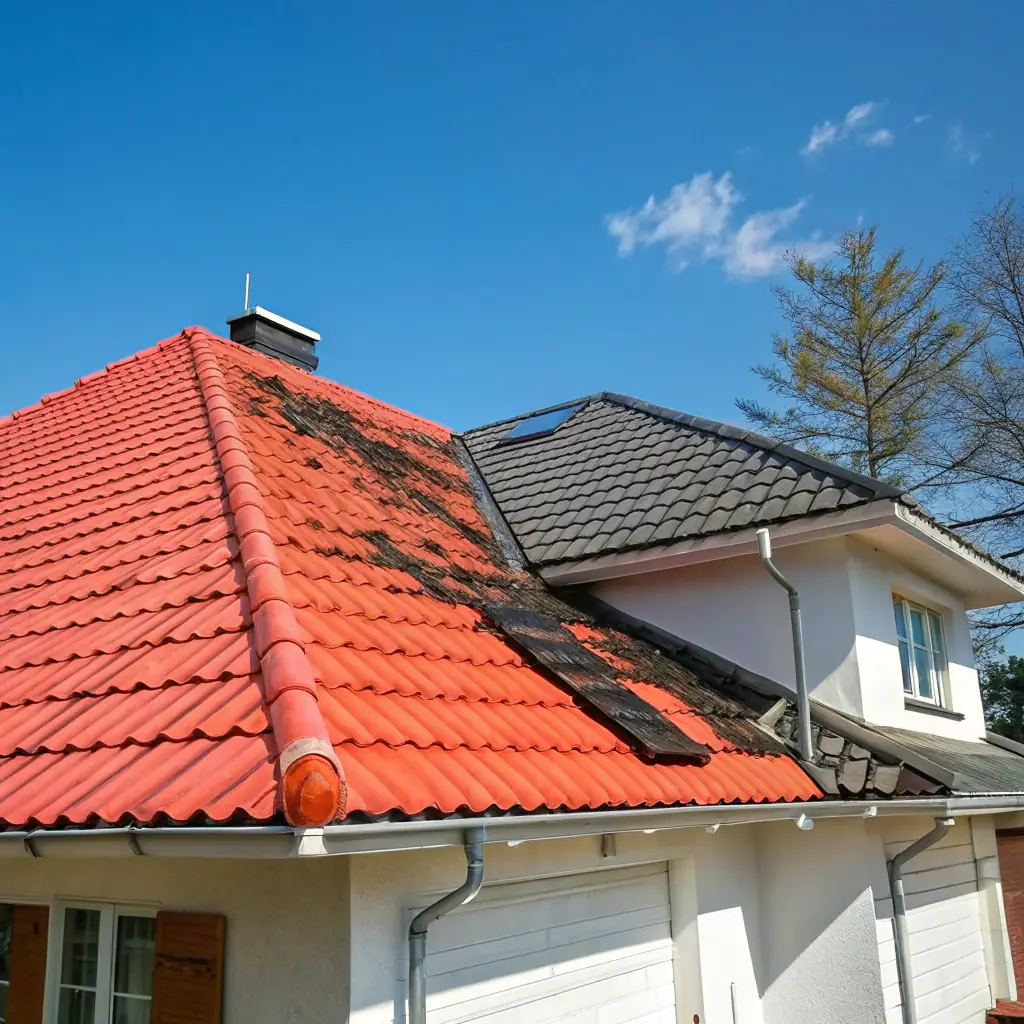 Close-up of soft wash roof cleaning removing algae and stains in Miami