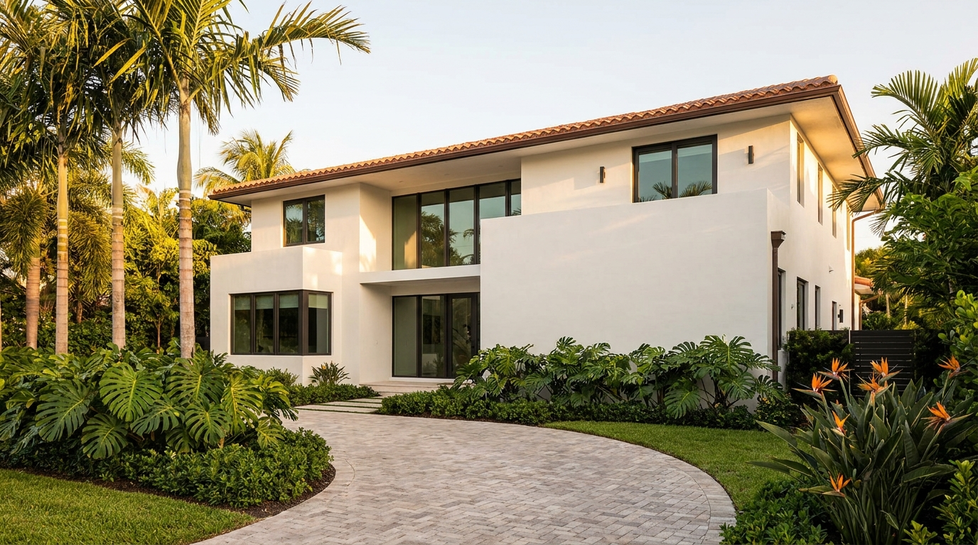 Elegant modern Miami home exterior with clean stucco and a paver driveway
