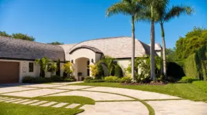 Boca Raton home with clean barrel-tile roof and paver driveway