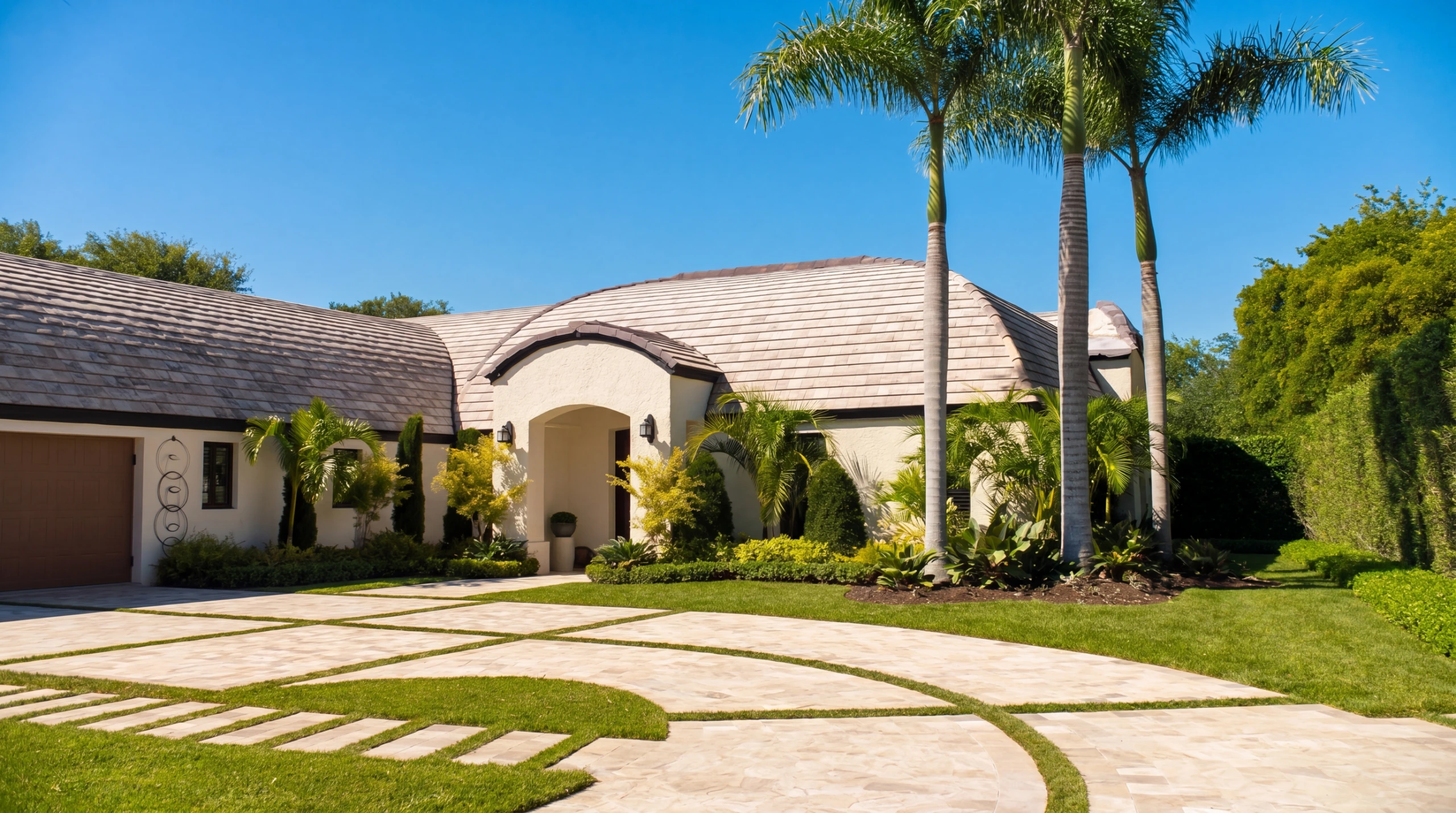 Boca Raton home with clean barrel-tile roof and paver driveway