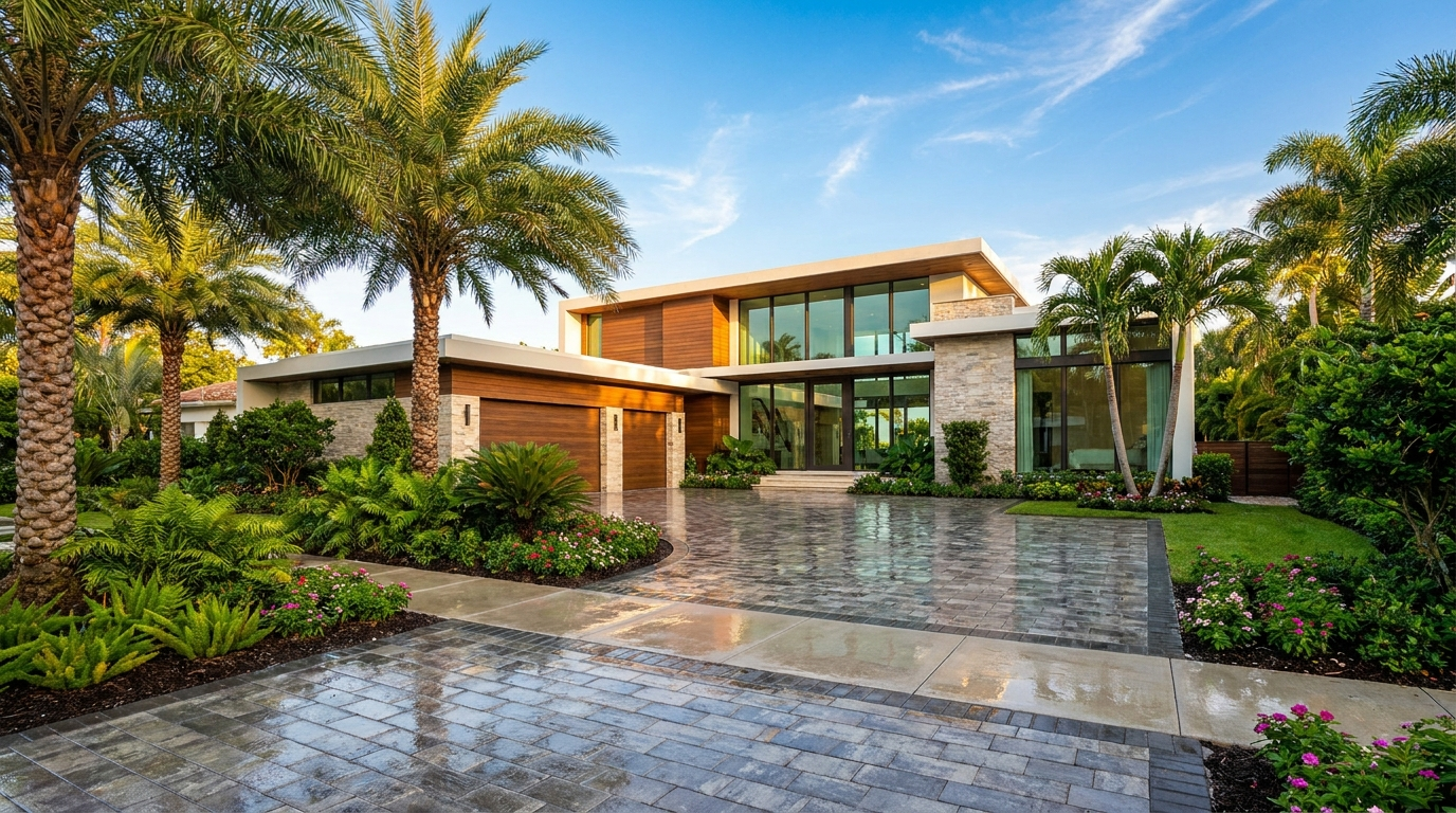 Modern South Florida home with a freshly cleaned paver driveway and tropical landscaping